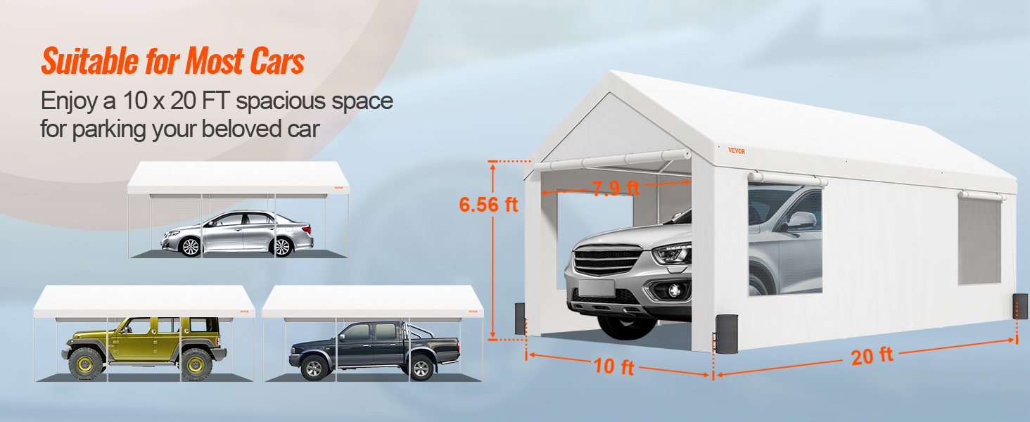 VEVOR carport with dimensions 10x20 ft, showcasing spacious shelter for various vehicles.