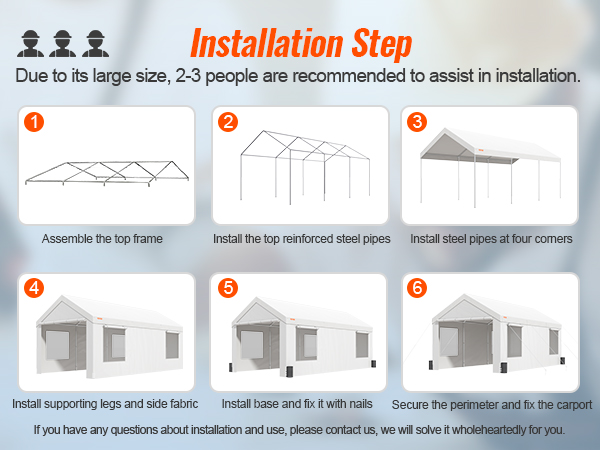 installation steps for VEVOR carport: assemble top frame, install reinforced pipes, support beams, cover, corner pipes