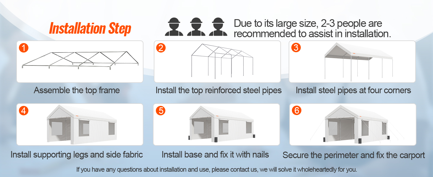 installation steps for VEVOR carport: assemble top frame, install reinforced pipes, support beams, cover, corner pipes