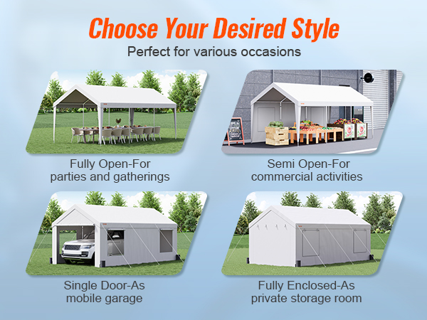 VEVOR carport options: fully open, semi-open, single door, and fully enclosed for various uses.
