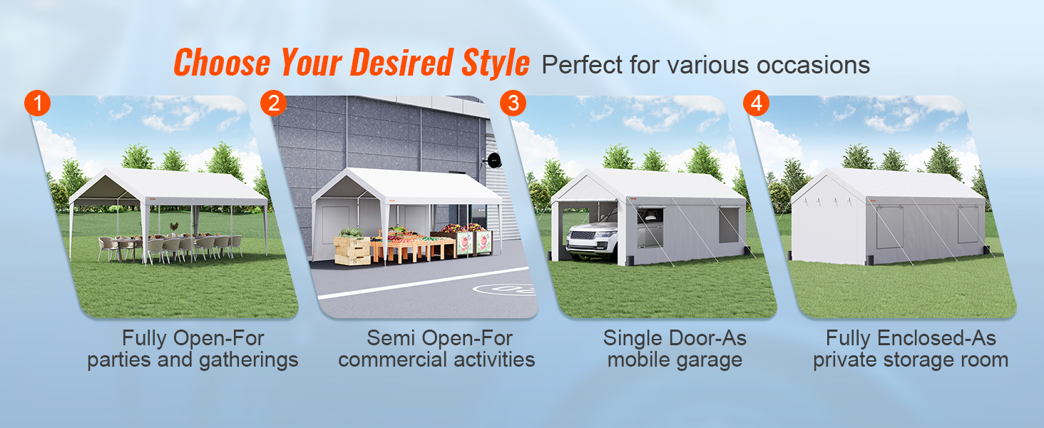 VEVOR carport options: fully open, semi-open, single door, and fully enclosed for various uses.