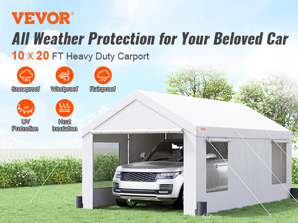 VEVOR carport offering all-weather protection for your car with snowproof, windproof, and rainproof features.
