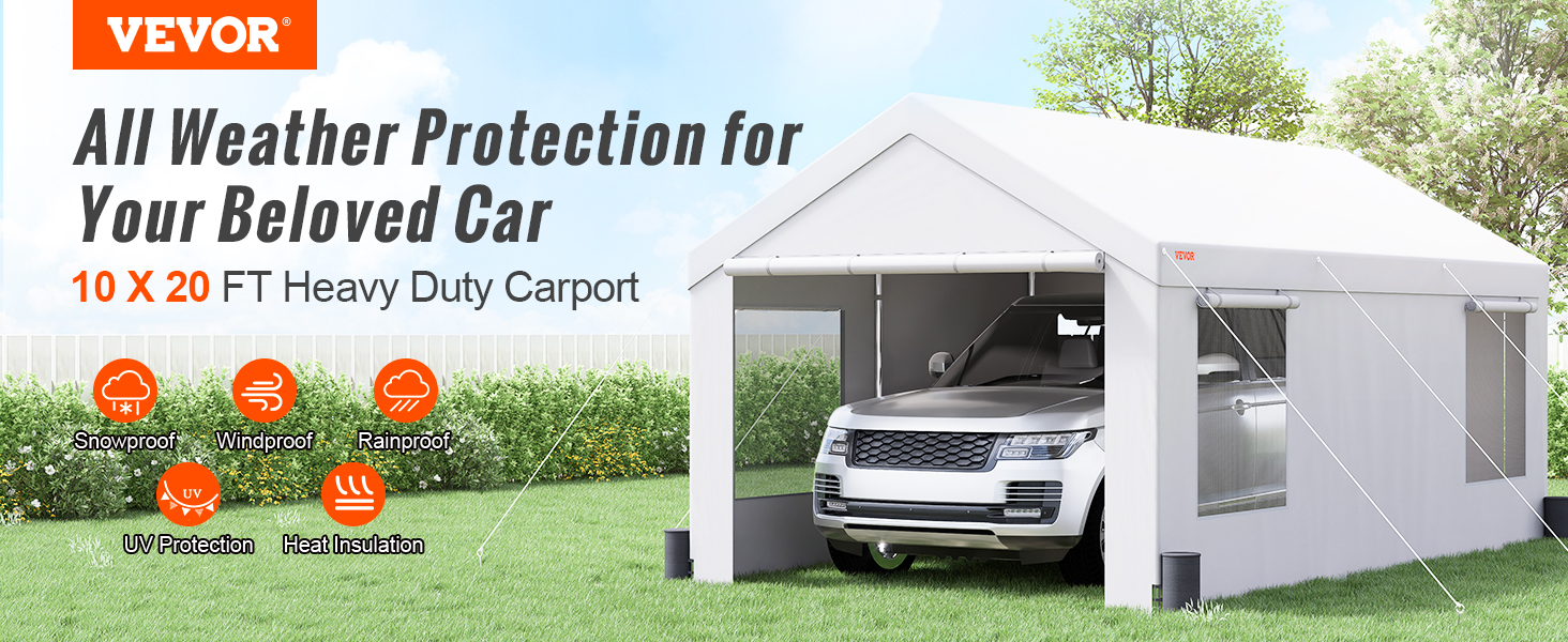 VEVOR carport offering all-weather protection for your car with snowproof, windproof, and rainproof features.