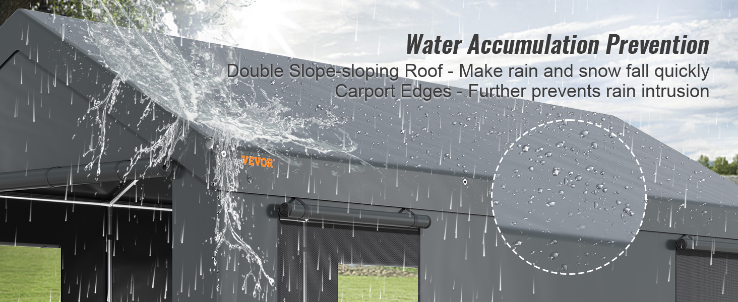 VEVOR carport with double slope roof prevents water accumulation and rain intrusion effectively.