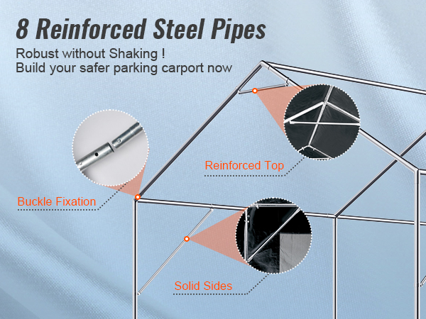 8 reinforced steel pipes VEVOR carport with buckle fixation, solid sides, and reinforced top.