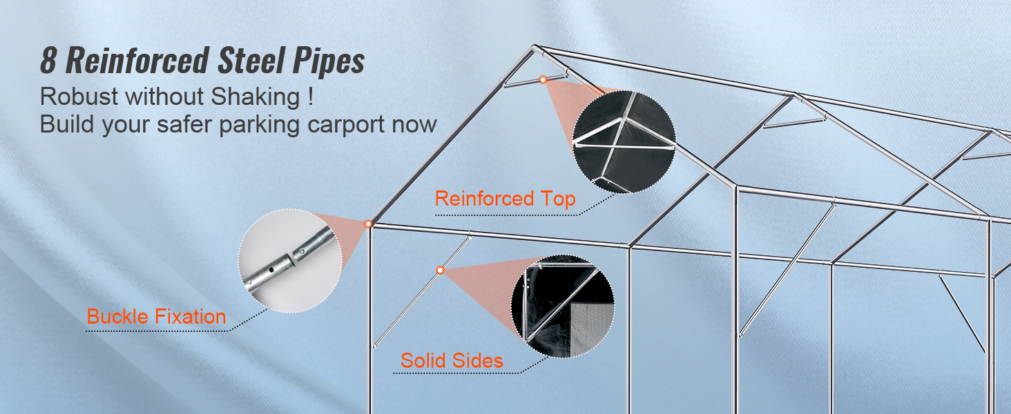 8 reinforced steel pipes VEVOR carport with buckle fixation, solid sides, and reinforced top.