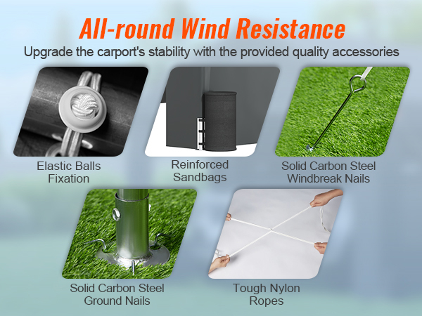 all-round wind resistance with VEVOR carport, using elastic balls, sandbags, nails, and nylon ropes.