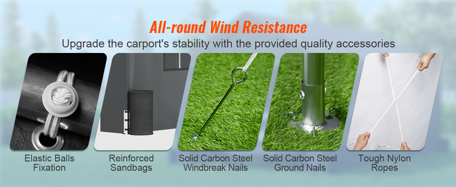 all-round wind resistance with VEVOR carport, using elastic balls, sandbags, nails, and nylon ropes.