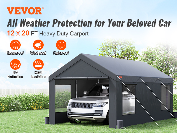 VEVOR carport providing all-weather protection for cars, featuring snowproof, windproof, rainproof capabilities.