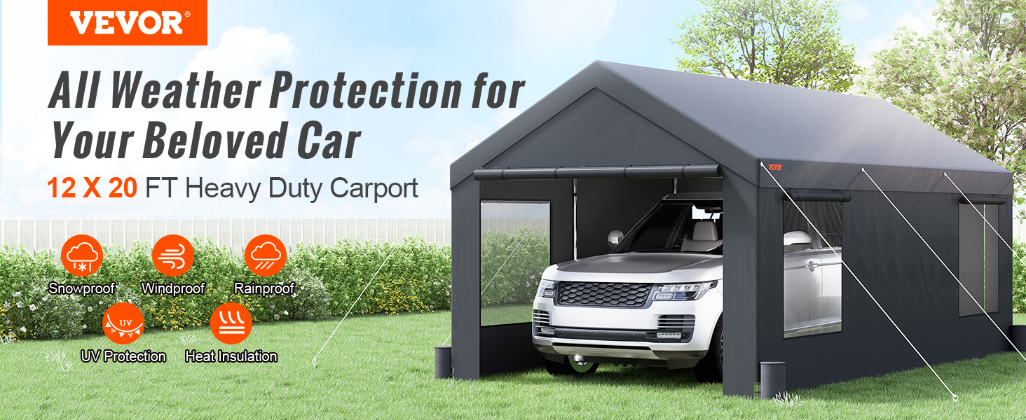 VEVOR carport providing all-weather protection for cars, featuring snowproof, windproof, rainproof capabilities.
