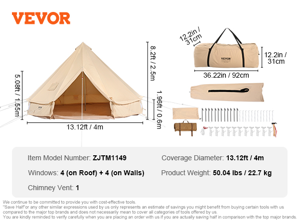 VEVOR glampinga zvana telts ar 13,12 pēdas diametru, 8,2 pēdas augstumu, logiem un skursteņa ventilācijas atveri, komplektā ar piederumiem.