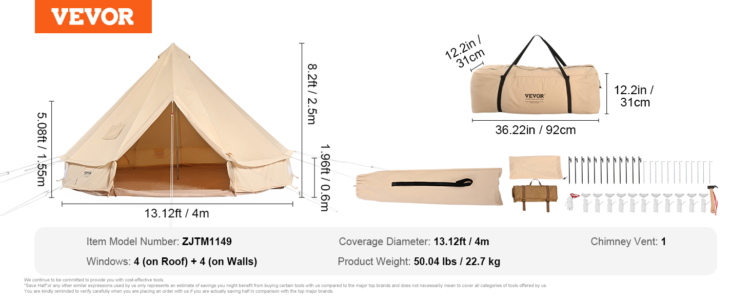 VEVOR glampinga zvana telts ar 13,12 pēdas diametru, 8,2 pēdas augstumu, logiem un skursteņa ventilācijas atveri, komplektā ar piederumiem.
