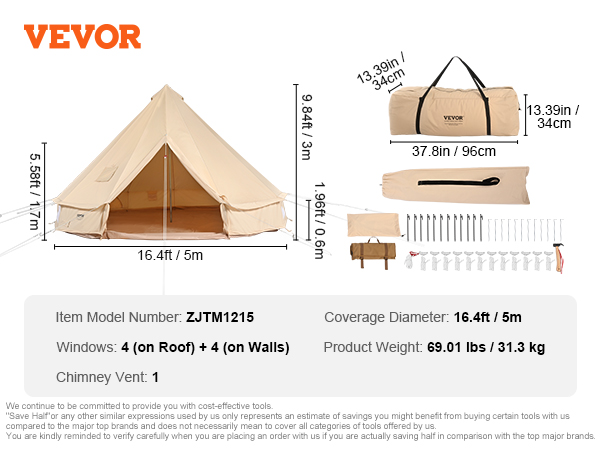 VEVOR glamping bell tent, 16.4ft diameter, 69 lbs weight, with bag and accessories. model zjtm1215.