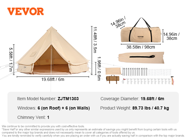 VEVOR glamping tent measurements, components, and carry bag dimensions included in the image.