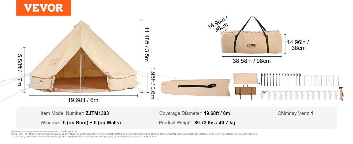 VEVOR glamping tent measurements, components, and carry bag dimensions included in the image.