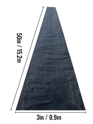 VEVOR weed barrier fabric, black, 50ft/15.2m by 3ft/0.9m, with green guidelines.