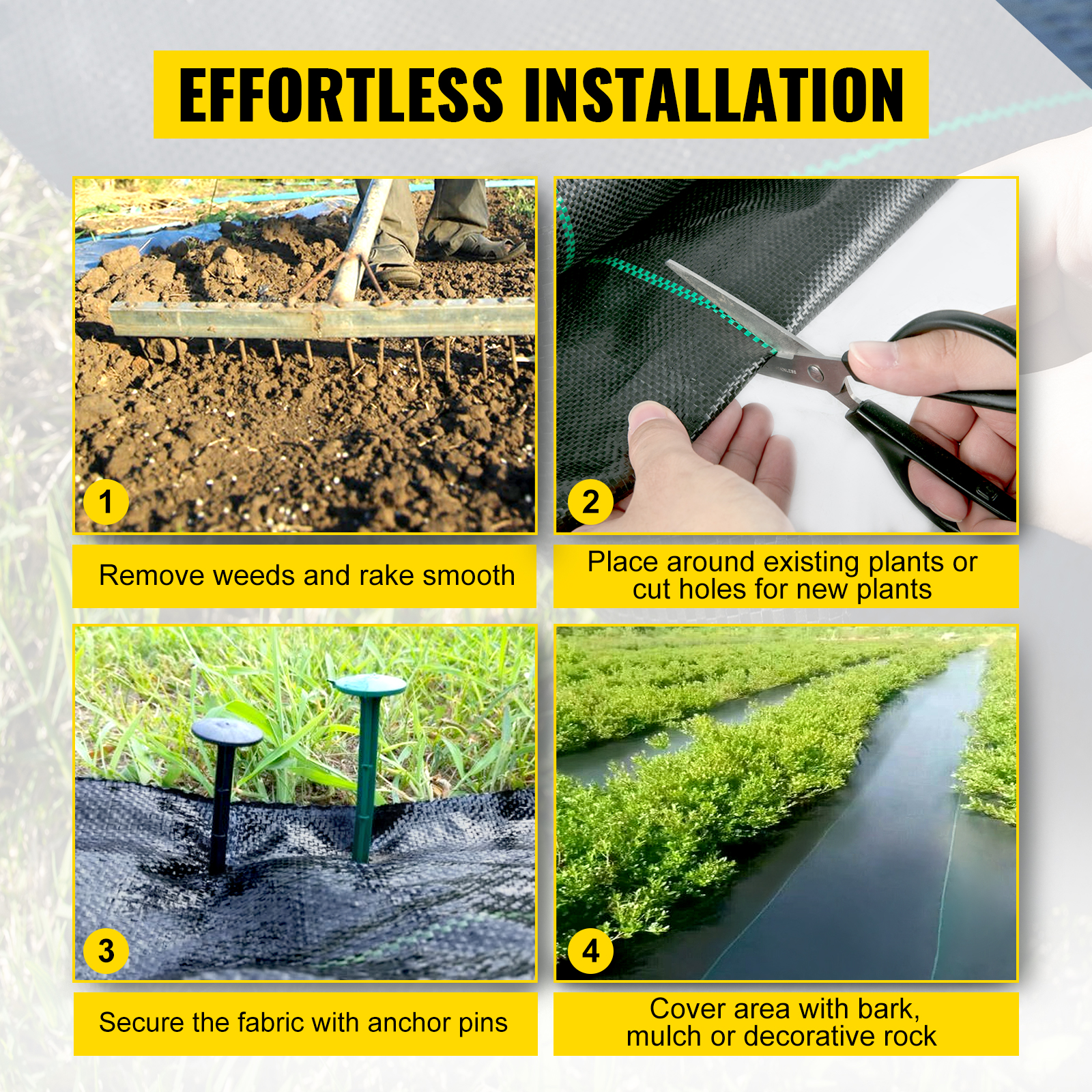 effortless installation of VEVOR weed barrier fabric with step-by-step guidance.