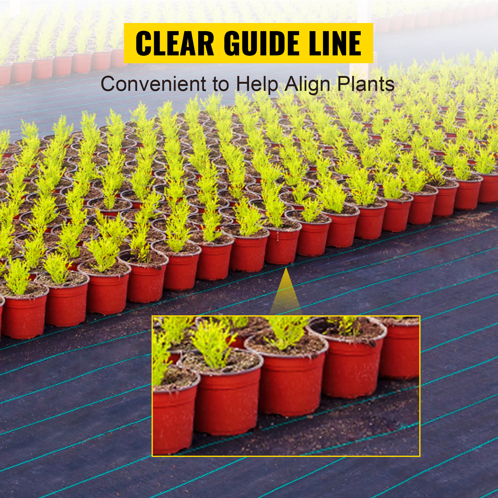 VEVOR weed barrier fabric with clear guide lines for aligning potted plants in a nursery.