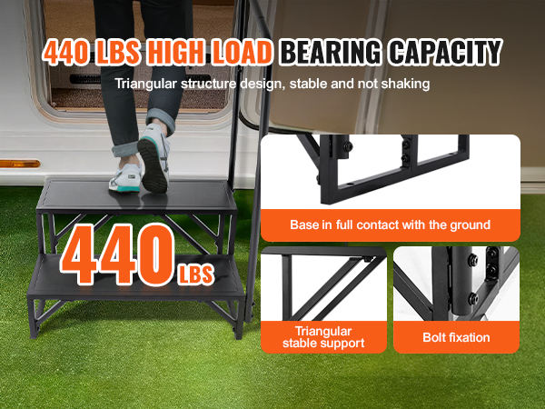 VEVOR rv steps with 440 lbs capacity, triangular structure, bolt fixation, stable support, and ground contact.
