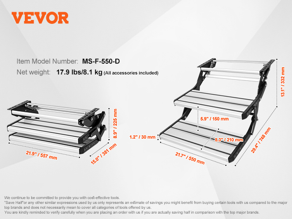VEVOR rv steps ms-f-550-d, 17.9 lbs, silver and black, dimensions labeled for user convenience.