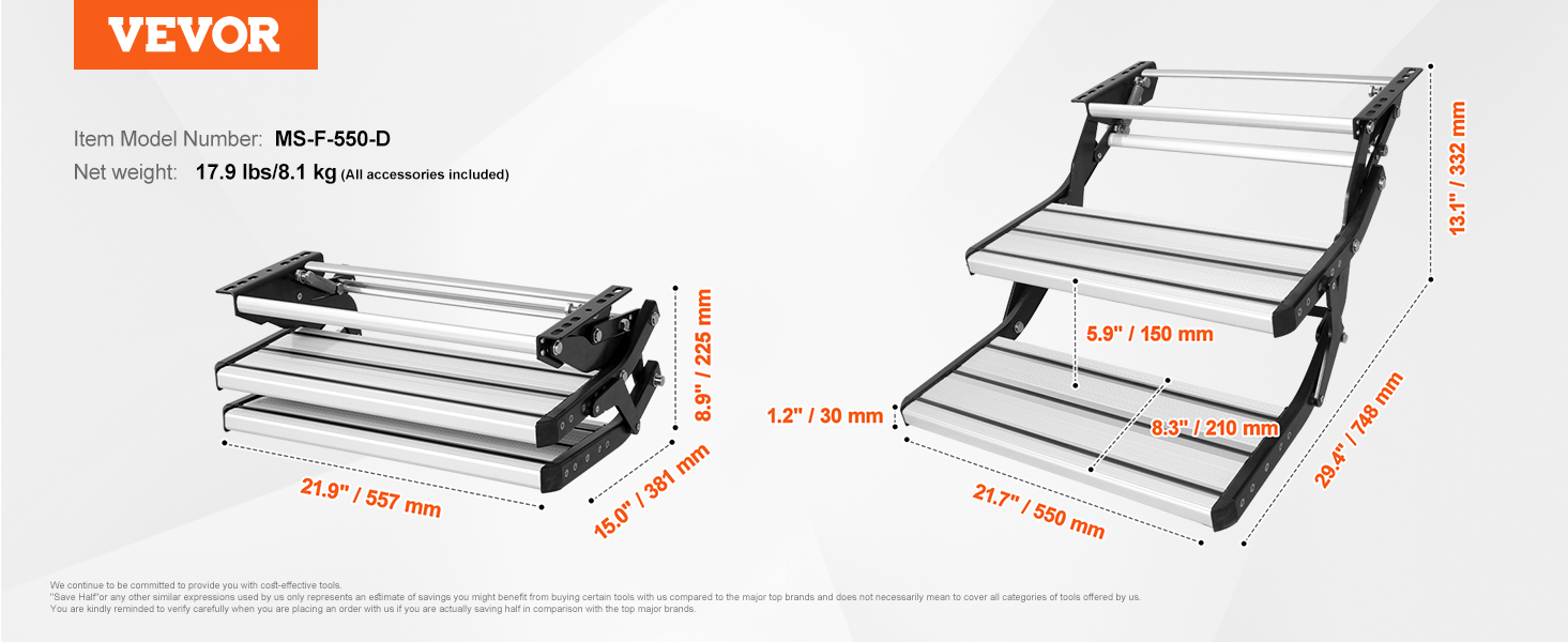 VEVOR rv steps ms-f-550-d, 17.9 lbs, silver and black, dimensions labeled for user convenience.
