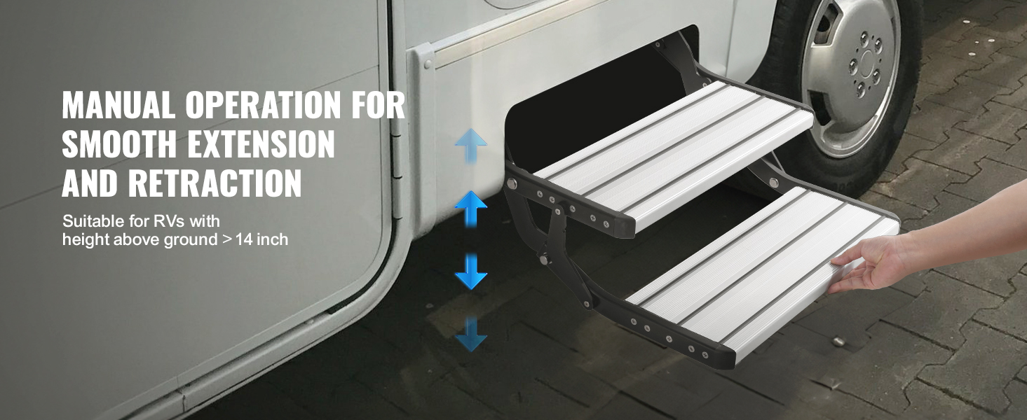 VEVOR rv steps with manual operation for smooth extension and retraction, suited for rvs over 14 inches high.