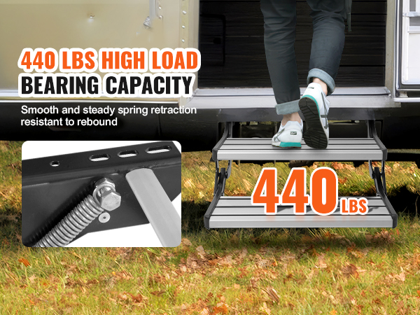 VEVOR rv steps with 440 lbs load capacity, spring retraction, and anti-rebound feature.