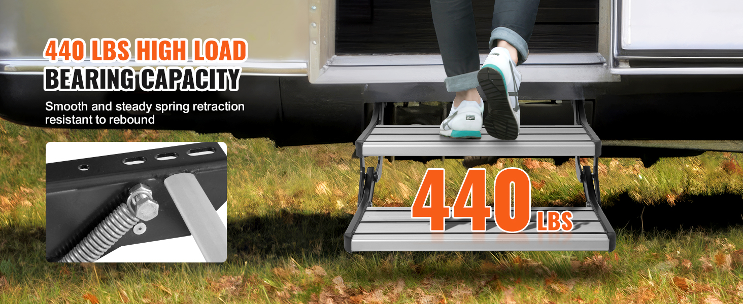 VEVOR rv steps with 440 lbs load capacity, spring retraction, and anti-rebound feature.