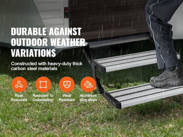 VEVOR rv steps, resistant to rust, deformation, and wear, durable in outdoor weather conditions.