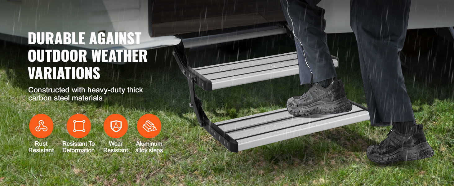 VEVOR rv steps, resistant to rust, deformation, and wear, durable in outdoor weather conditions.