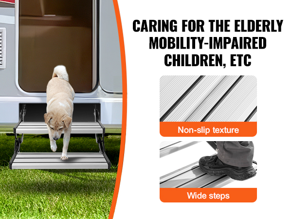 dog using VEVOR rv steps with non-slip texture and wide steps, ideal for elderly and mobility-impaired users.