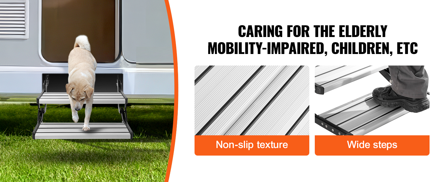 dog using VEVOR rv steps with non-slip texture and wide steps, ideal for elderly and mobility-impaired users.