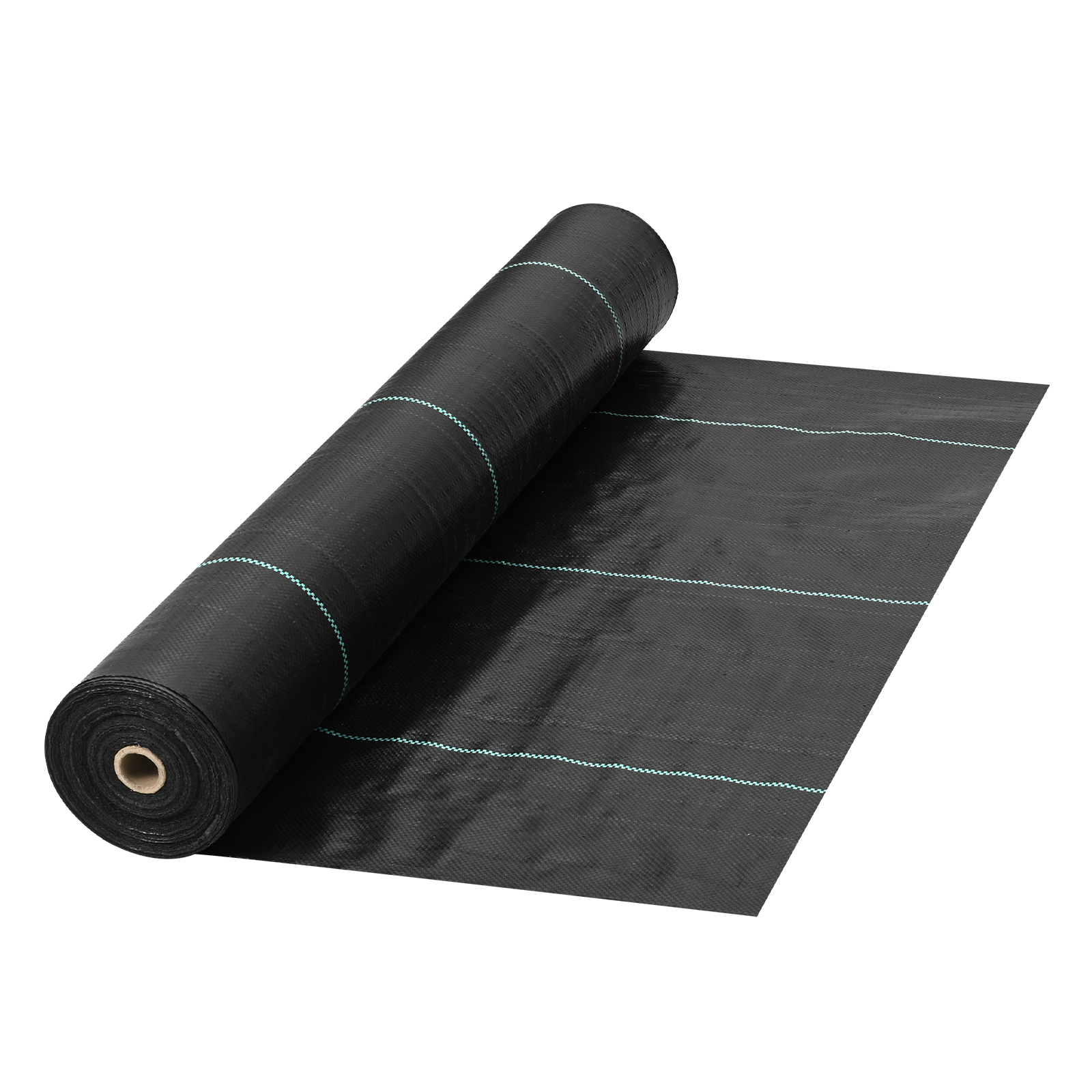 black roll of VEVOR weed barrier with green lines rolled out flat.