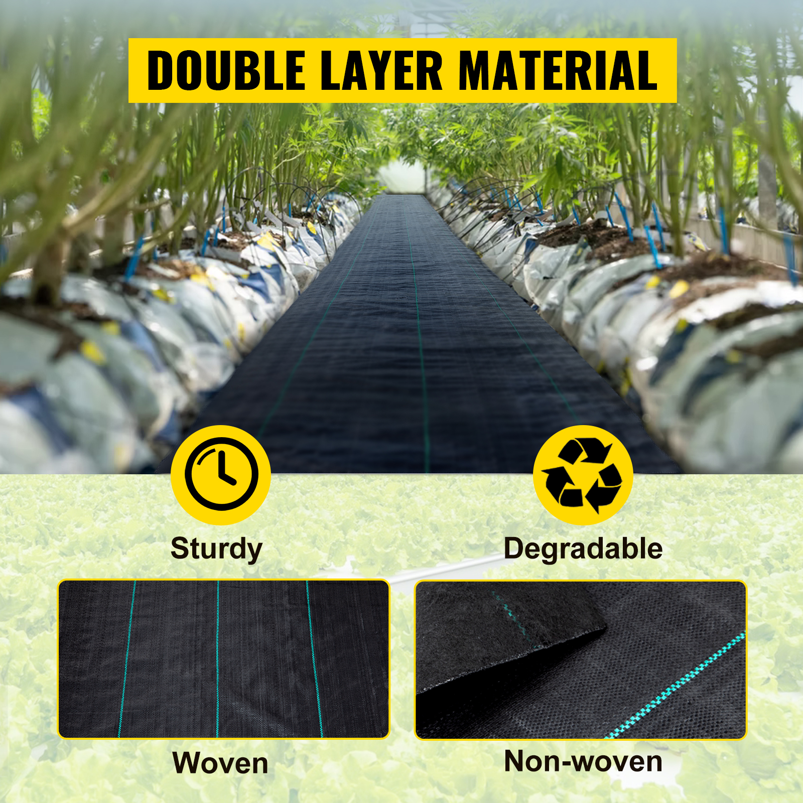 VEVOR weed barrier in a greenhouse with double layer woven and non-woven materials.