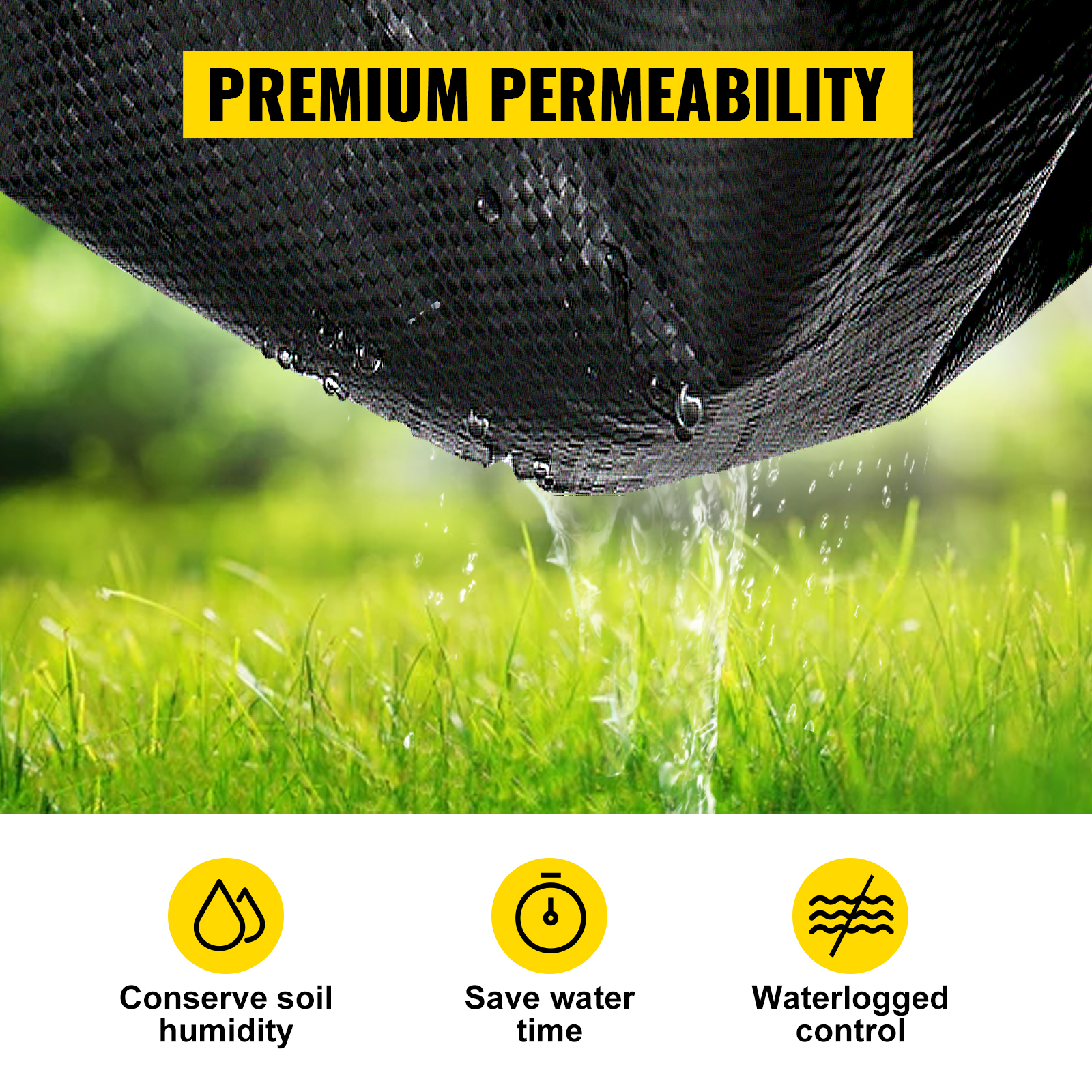 VEVOR weed barrier with premium permeability shown conserving soil humidity.