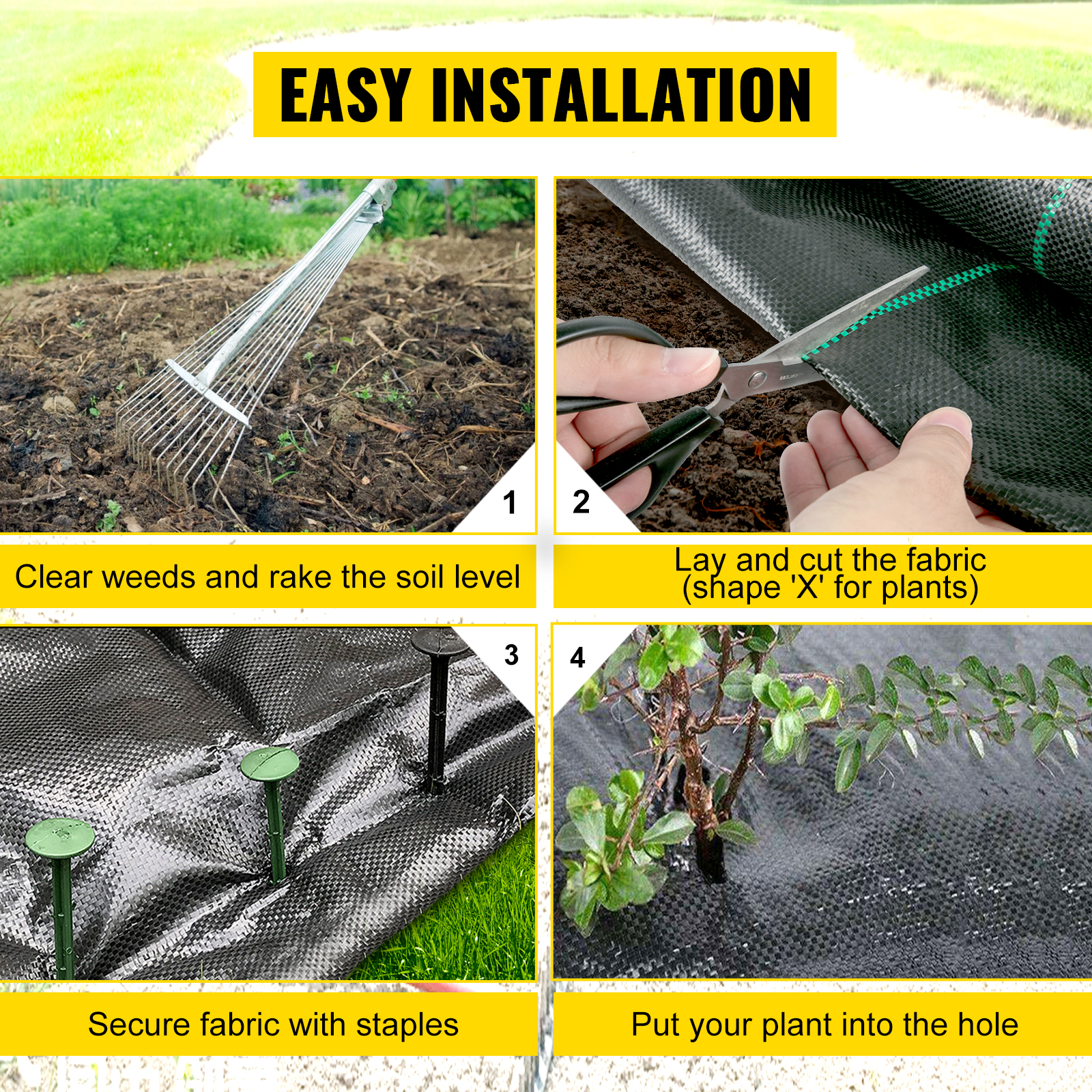 easy installation steps for VEVOR weed barrier, including raking soil, cutting fabric, securing, planting.