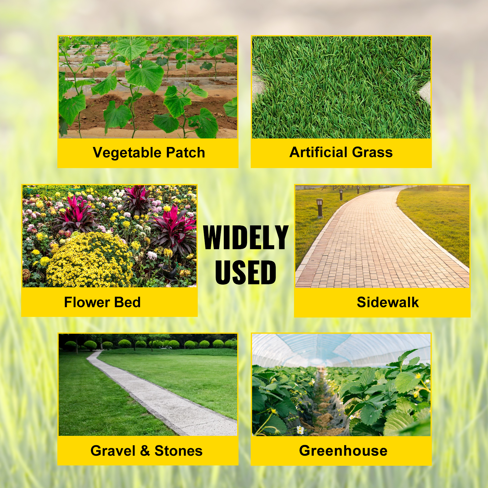 VEVOR weed barrier used for vegetable patch, artificial grass, flower bed, and sidewalk.