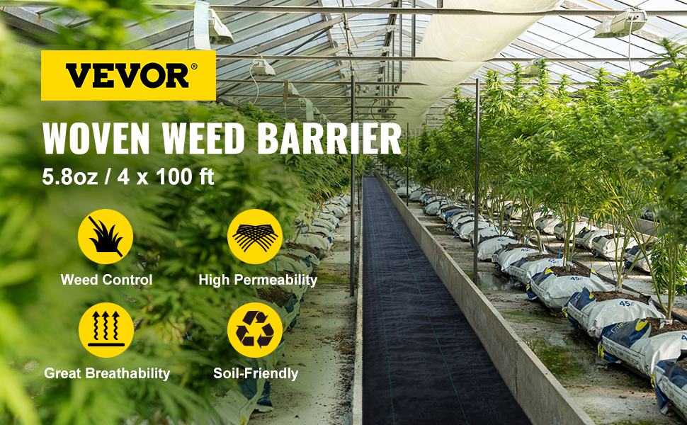 VEVOR garden weed barrier fabric in greenhouse, showcasing weed control and high permeability.
