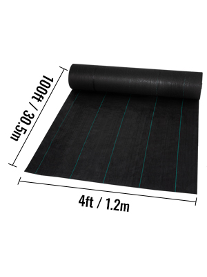 VEVOR garden weed barrier fabric, 100ft x 4ft roll, black with green lines.