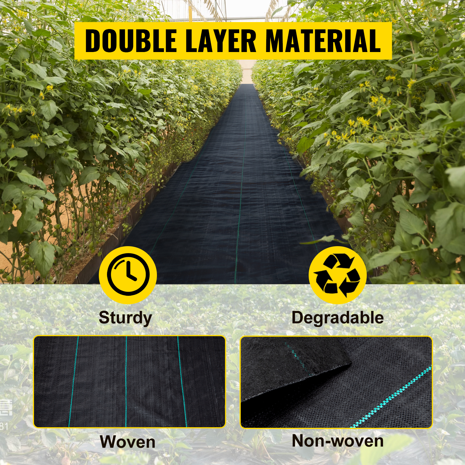 VEVOR garden weed barrier fabric in a lush green garden, highlighting double layer material.