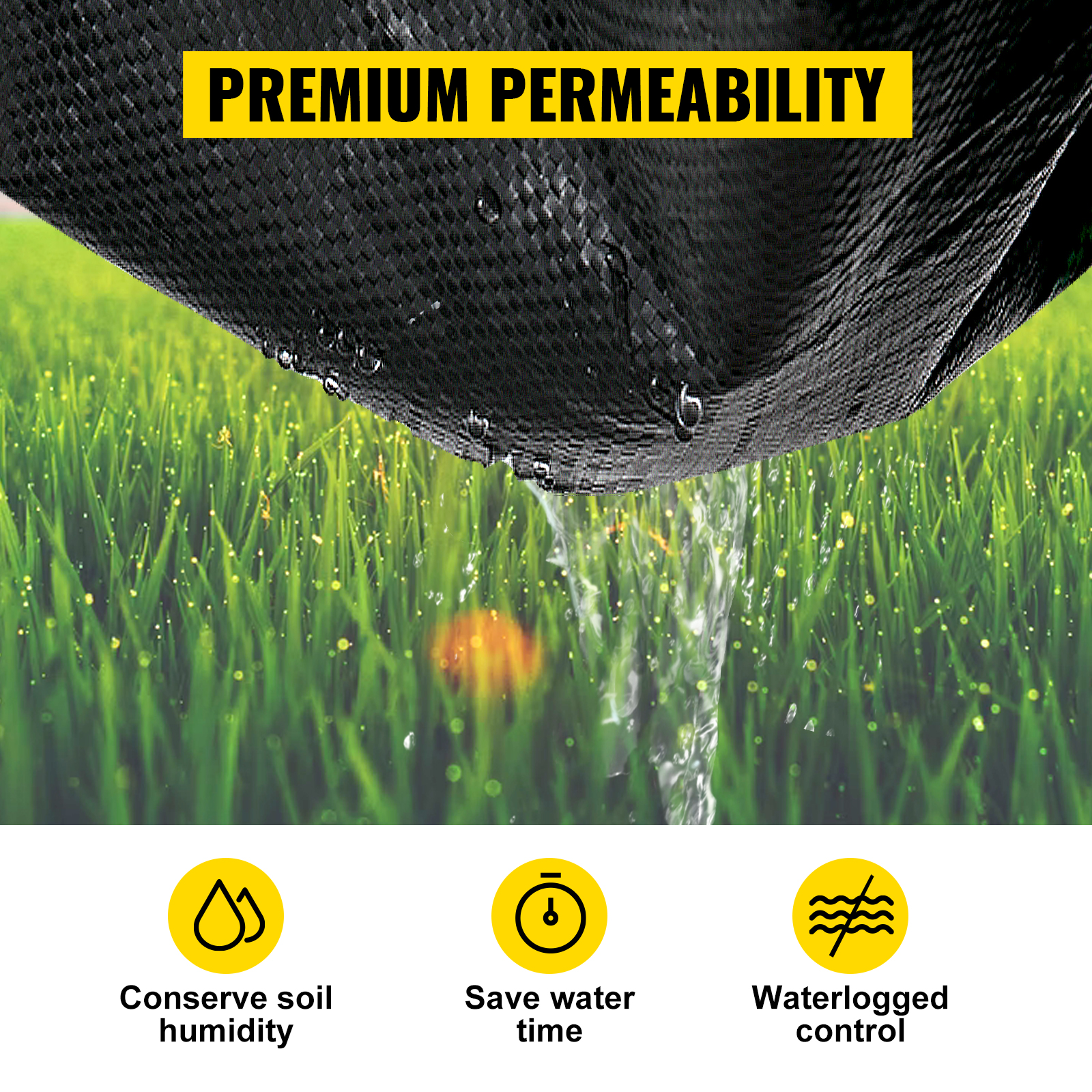 VEVOR garden weed barrier fabric with premium permeability over lush green grass.