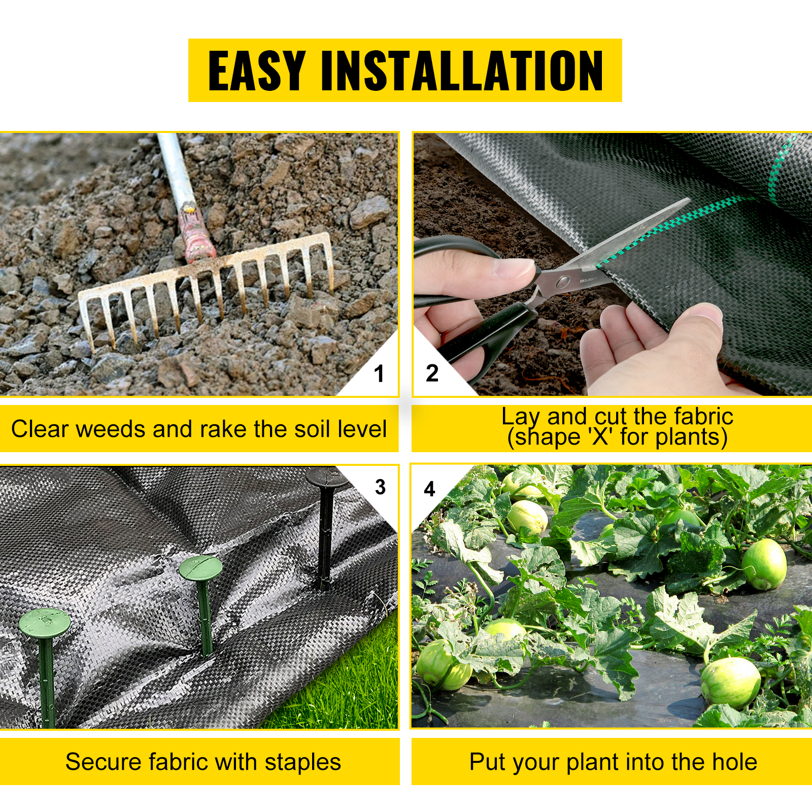 installation steps for VEVOR garden weed barrier fabric: rake soil, cut fabric, secure, plant.
