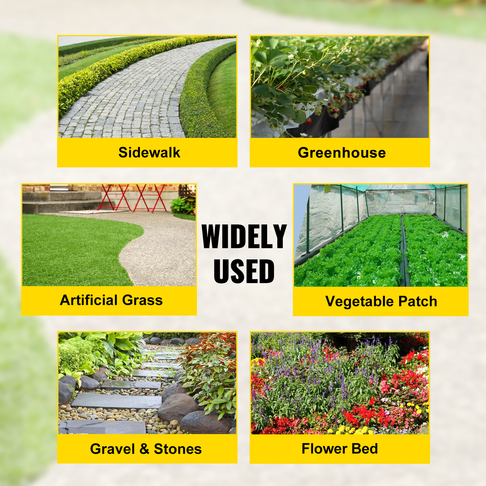 VEVOR garden weed barrier fabric for sidewalks, greenhouses, artificial grass, and more.