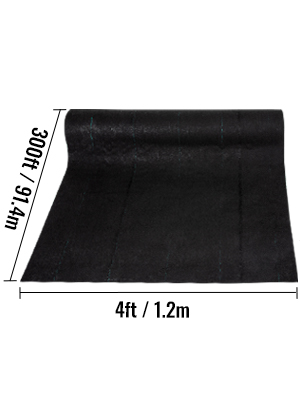 VEVOR weed barrier fabric, 4ft x 300ft roll, black with measurement labels.