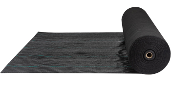 roll of black VEVOR weed barrier fabric unrolling on white background.