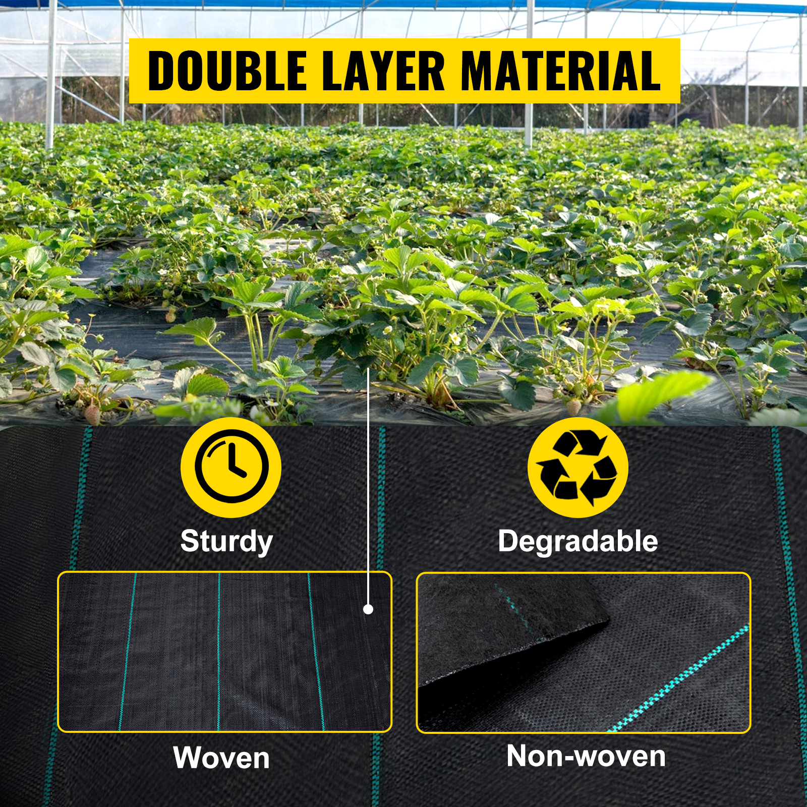 VEVOR weed barrier fabric in garden with sturdy woven and degradable non-woven layers.