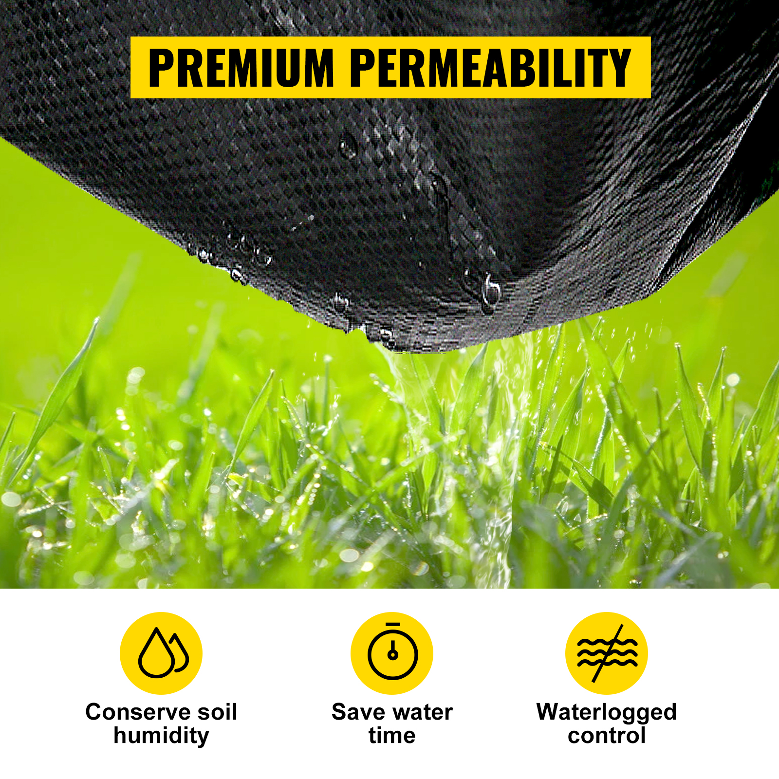 VEVOR weed barrier fabric on grass with "premium permeability" text and benefits icons