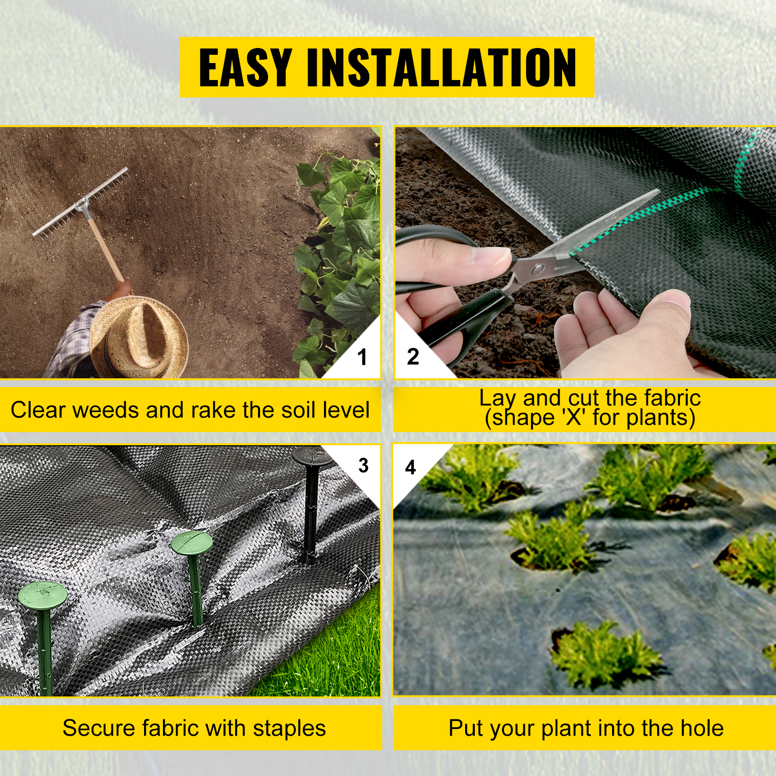 easy installation steps for using VEVOR weed barrier fabric in gardening.