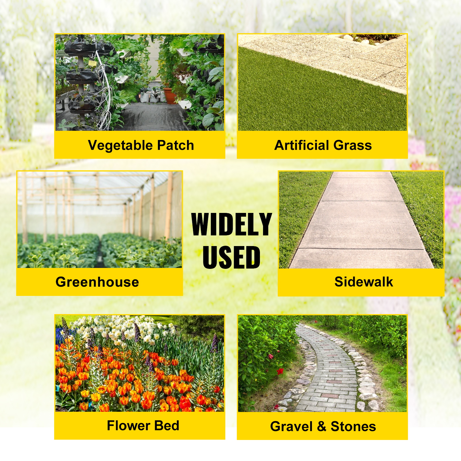 VEVOR weed barrier fabric uses: vegetable patch, artificial grass, greenhouse, sidewalk, flower bed, gravel & stones.