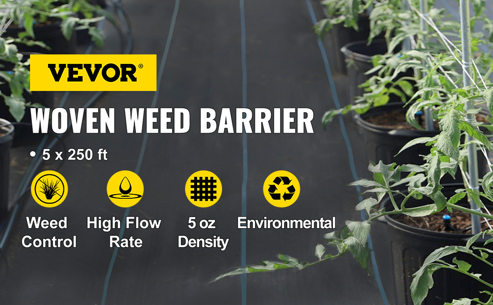 VEVOR weed barrier fabric with potted plants, highlights features like 5x250 ft, weed control, and durability.